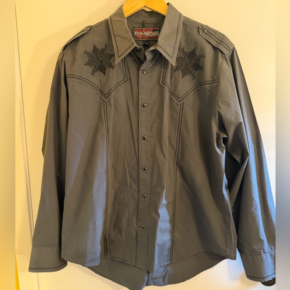 Other - Rock & Roll Cowboy Western Snap Shirt XL Gray Embroidered Bull Skull